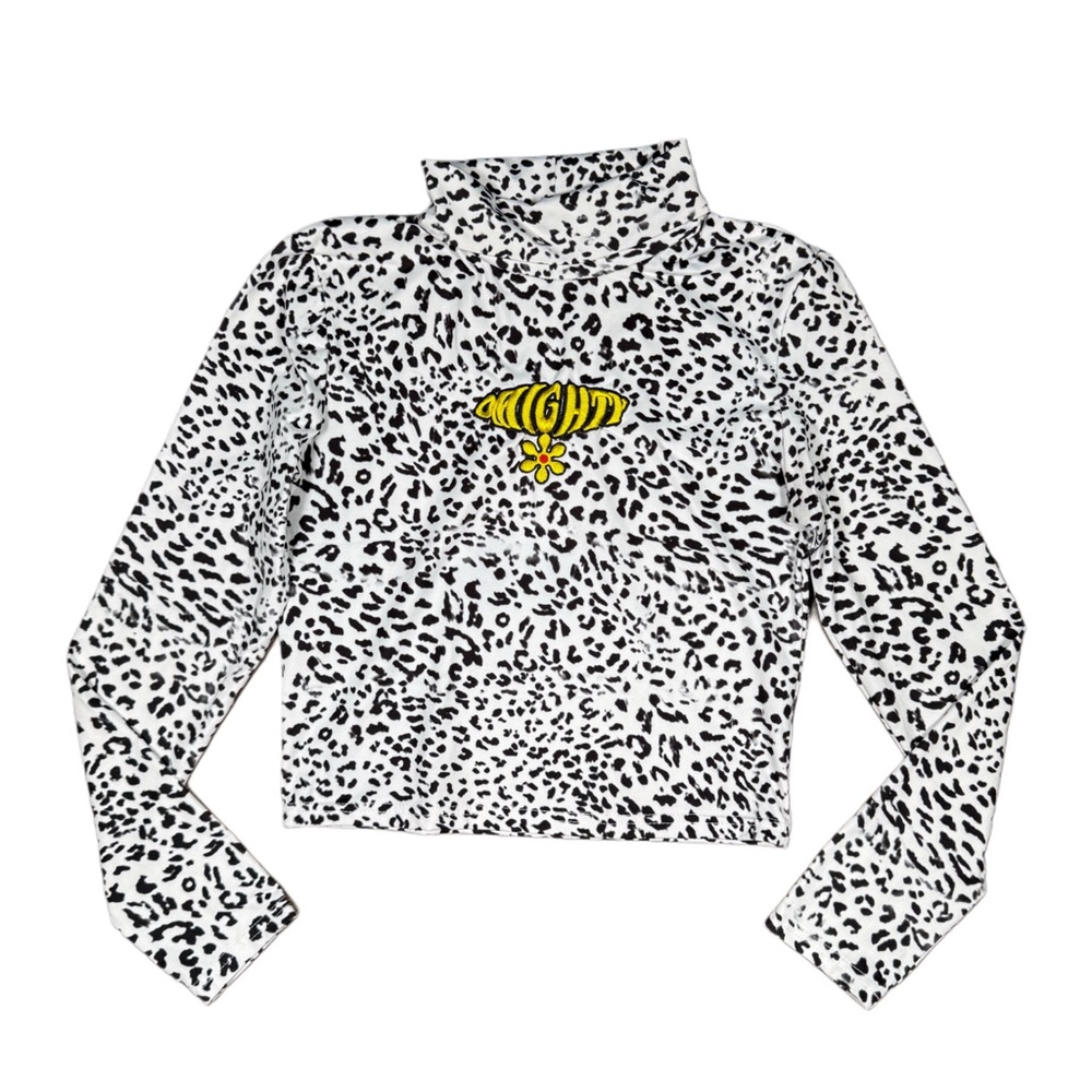 Omighty Black White Leopard Print Cropped Turtleneck with Yellow Logo